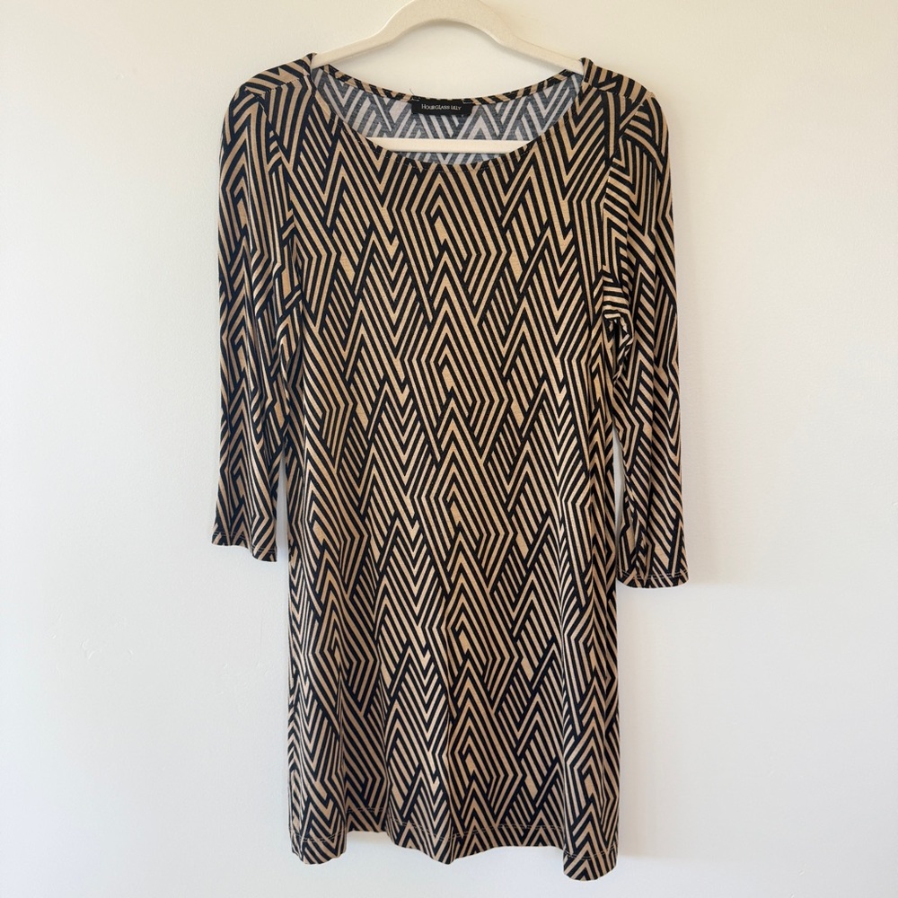 Hourglass Lilly Geometric Print A-Line Dress Tan Black 3/4 Sleeve Womens XS